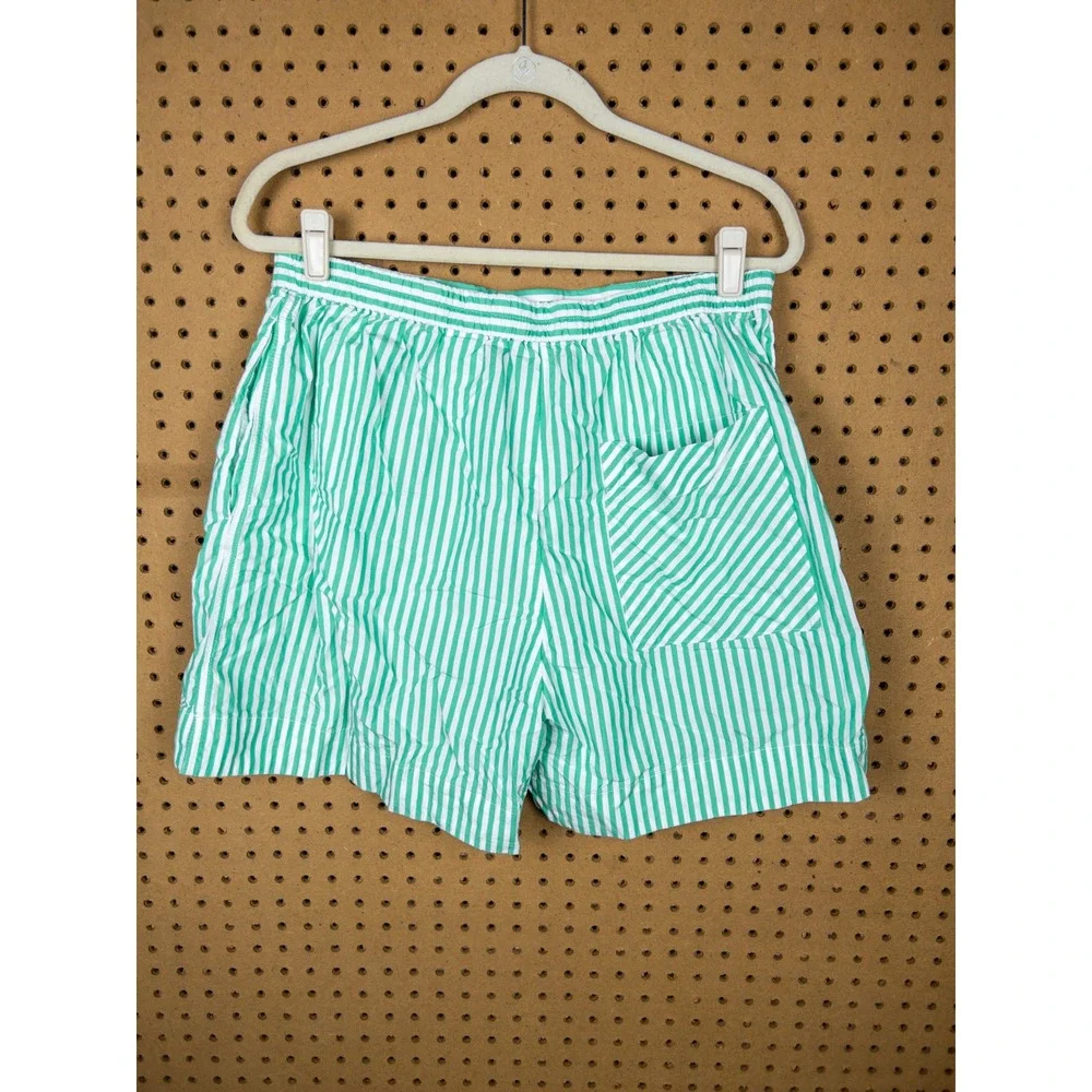 COS Green White Striped Cotton Elastic Waist Shorts Womens Large L‎ Pocket
